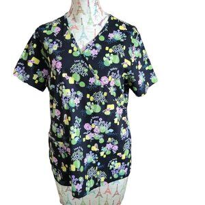 SB Scrubs Sz M Black Floral Nature Love the Earth SS Faux Wrap Medical Scrub Top